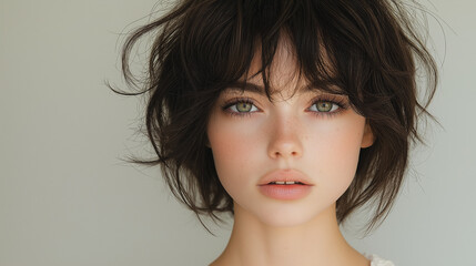 A woman with short hair and a messy look. She has a light brown eye shadow and a pink lip color