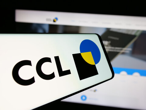 Stuttgart, Germany - 10-02-2024: Mobile phone with logo of packaging company CCL Industries Inc. on screen in front of business website. Focus on center-right of phone display.