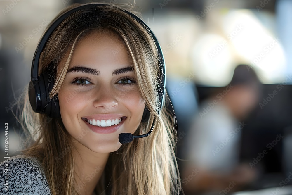 Poster smiling customer service representative assisting client in bright modern call center