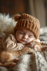 Sleepy duo: baby and his furry friend