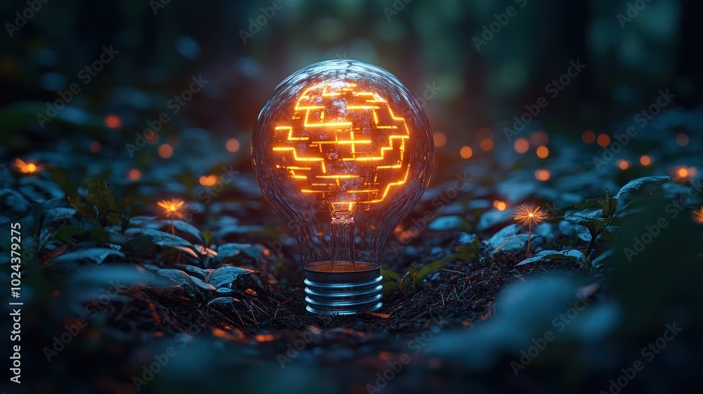Poster a glowing lightbulb with a circuit board pattern in the center, in a forest at night.