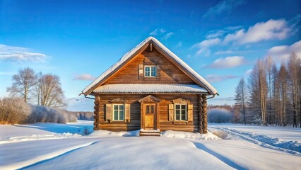 Symmetrical snowy hills in Russian countryside wooden house windows