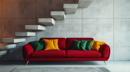 Cozy loft living room with a striking red sofa, green and mustard pillows, and a minimalist staircase creating a chic contrast against the concrete wall.
