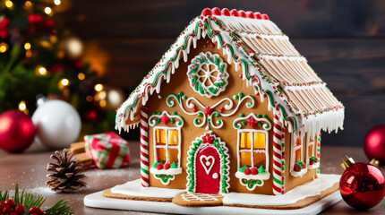 Festively decorated gingerbread house adorned with colorful icing and sweets