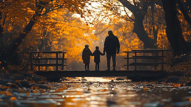 A family of three, a man and two children, are walking across a bridge