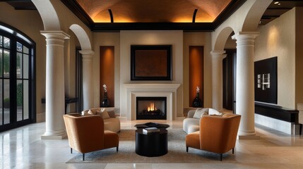 Elegant modern living room with art deco details, featuring two accent chairs by a fireplace, framed by grand columns and an arch ceiling.