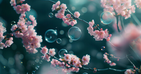 bubbles float in front of cherry blossoms, creating an atmosphere full of pink and green hues. The background is blurred with a dark tone, creating a dreamy feeling