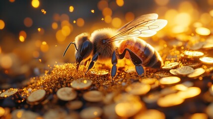 A bee lands on a pile of golden coins, symbolizing wealth and hard work.