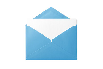 Opened blue paper envelope mockup with paper sheet isolated on a transparent background, PNG. High resolution. 