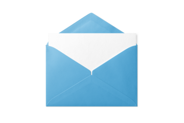 Opened blue paper envelope mockup with paper sheet isolated on a transparent background, PNG. High resolution. 