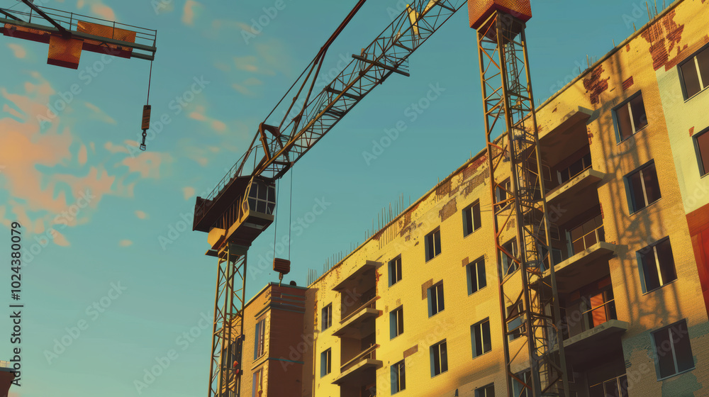 Poster image showcases construction site with cranes and partially built building, reflecting progress of u