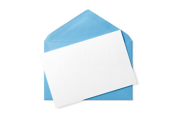 Opened blue paper envelope mockup with paper sheet isolated on a transparent background, PNG. High resolution.  © PrimeMockup