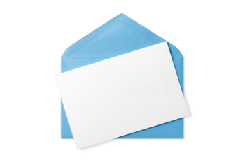 Opened blue paper envelope mockup with paper sheet isolated on a transparent background, PNG. High resolution. 