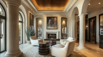 Modern living room with art deco flair, featuring two accent chairs by a fireplace, framed by columns and a bold arch ceiling.