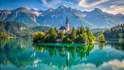 A picturesque church nestled on an island with a stunning mountain backdrop, mirroring serenity in the tranquil waters.