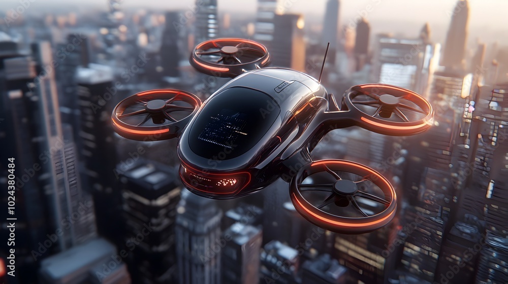 Poster high tech drone hovering above a modern technologically advanced smart city skyline with skyscrapers