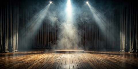 The ethereal glow of spotlights pierce through a swirling mist, illuminating an empty stage with a wooden platform