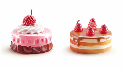 Delight in these beautifully crafted cakes, featuring pink frosted dessert topped with raspberry and layered cake adorned with chocolate and raspberry accents