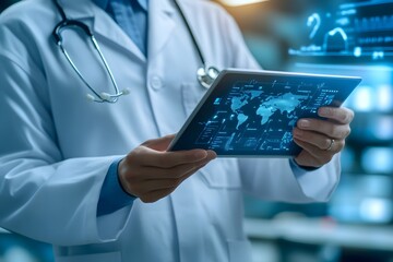 Medical Technology Global Health Network and Digital Healthcare Concept   Doctor Using Tablet and
