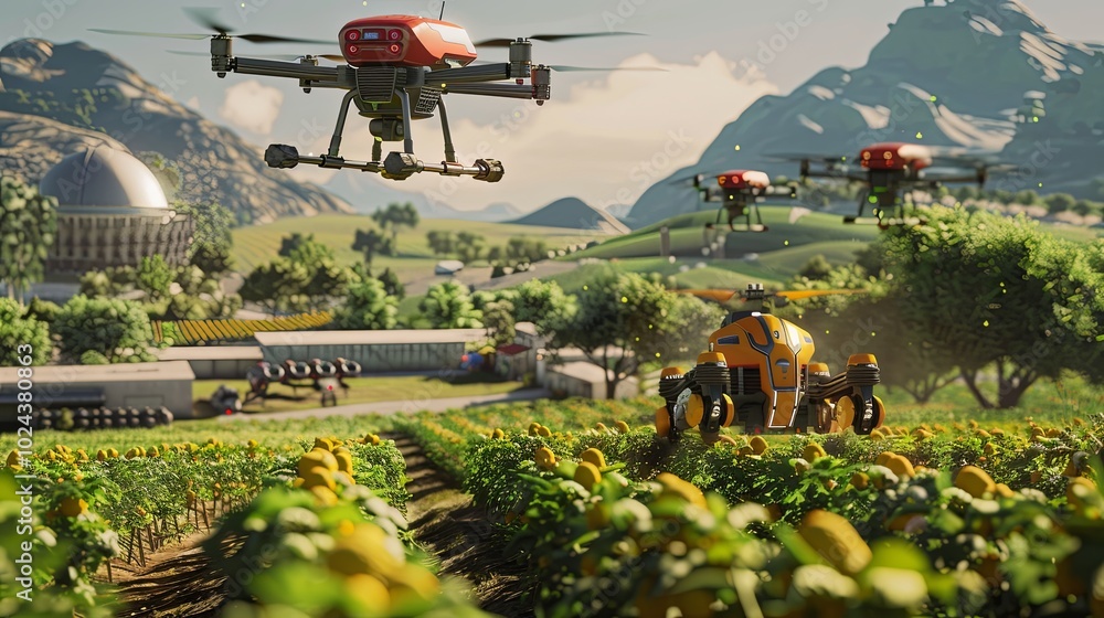 Aufkleber Drones and AI robots efficiently monitor crops and improve farming practices on a modern high-tech farm during the day. Generative AI