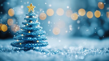 Obraz premium Sparkling blue Christmas tree adorned with golden star, glowing softly with fairy lights. Background features soft bokeh and falling snowflakes, creating a festive holiday mood.