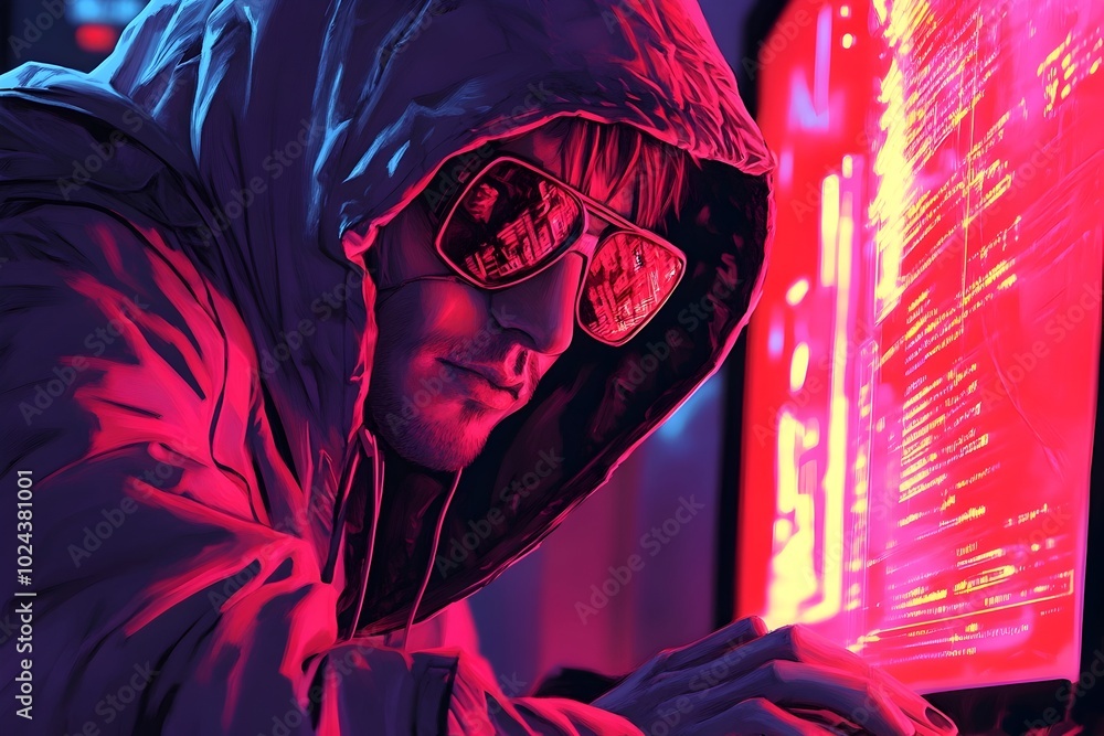 Poster hooded hacker working on computer screen in neon infused digital art style