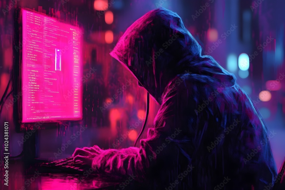 Poster hooded hacker executing cybercrime on glowing computer screen in neon digital art style