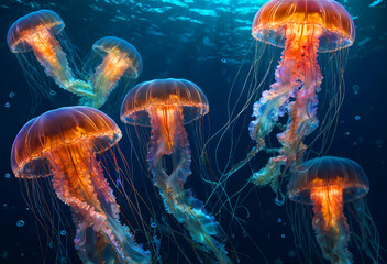 Beautiful jellyfish deep in the ocean. Generative AI