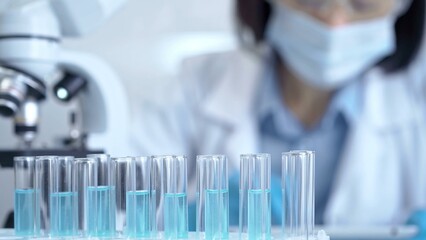 Test tubes with a blurred scientist in a lab coat in the background