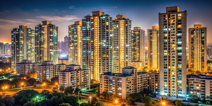 Symmetrical tall buildings illuminated at night with small houses in foreground in Gurgaon Delhi
