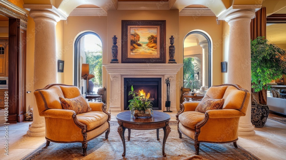 Wall mural two elegant accent chairs near a fireplace, surrounded by columns and an arch ceiling, capturing a l