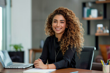 A woman with curly hair is sitting at a desk with a laptop and a notebook
