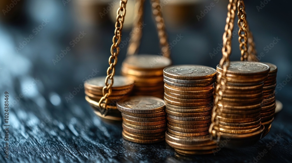 Poster close-up of a scale with stacks of coins on each side, representing balance and equality.