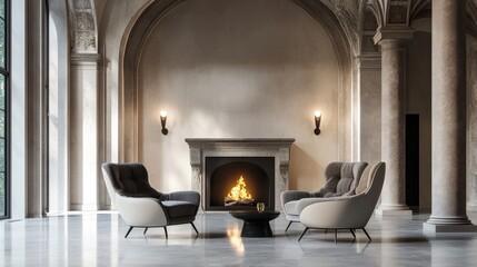 Two stylish accent chairs by a modern fireplace in a room with grand columns and an arch ceiling, capturing luxurious art deco design.