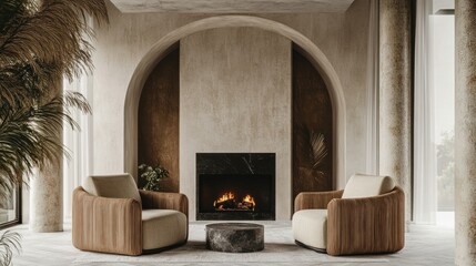 Two stylish accent chairs facing a fireplace in a room with columns and a curved arch ceiling, showcasing an art deco-inspired modern home.