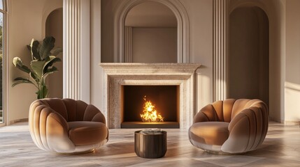 Two stylish accent chairs facing a fireplace in a room with columns and a curved arch ceiling, showcasing an art deco-inspired modern home.