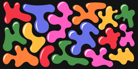 Set of liquid organic shapes. Abstract irregular random blobs. Coloful wavy bubbles and drops in trendy y2k style.