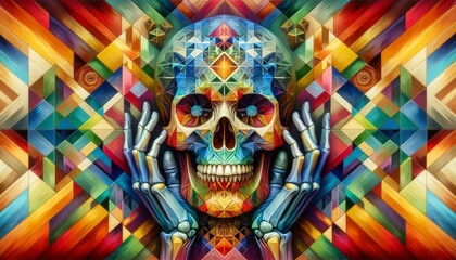 Fototapeta premium Illustration of a skull with a geometric design, full of vibrant colors.