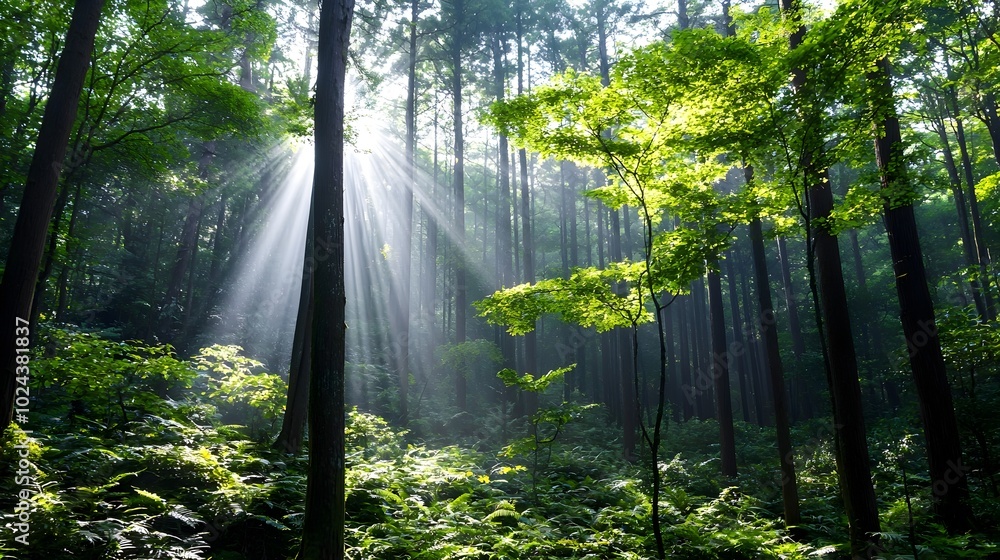 Poster lush dense forest with sun rays filtering through the canopy of green foliage creating a warm serene