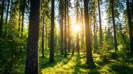 Obraz premium Enchanting sunlit forest landscape with lush vibrant foliage and a serene atmospheric ambiance Rays of warm sunlight break through the dense verdant canopy creating a magical