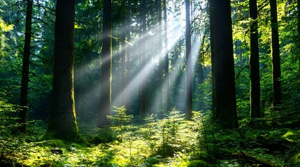 Obraz premium Breathtaking sunlit dense forest landscape with lush green foliage dappled sunbeams and a tranquil serene atmosphere Ideal backdrop for nature ecology and outdoor adventure concepts