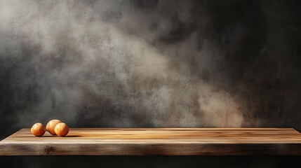  Wood countertop in the kitchen. Empty wooden table for product against dark concrete wall background. 3D brown podium for advertising. Mockup with design platform. 