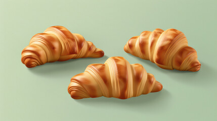 Delicious croissants arranged on soft green background, showcasing their flaky layers and golden brown color. Perfect for breakfast or delightful snack