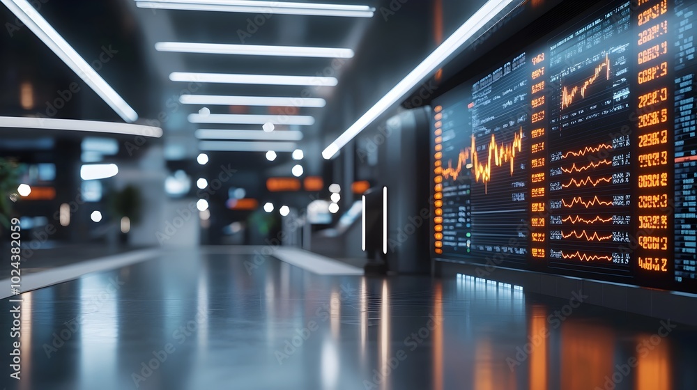 Poster futuristic visualization of market data and financial analytics displayed on large led screens in a 