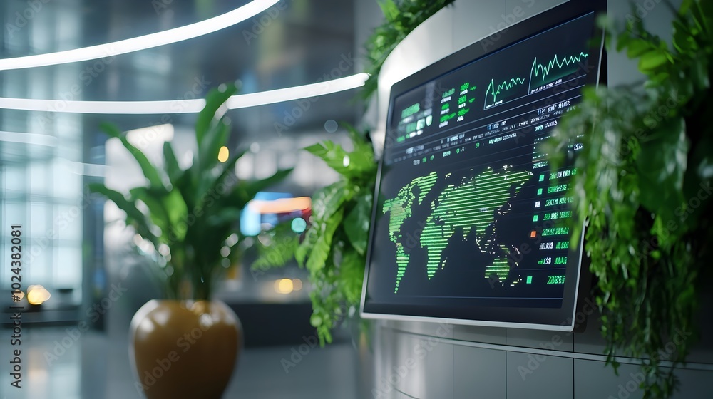 Poster visualization of comprehensive financial data and market analytics displayed on led screens in the h