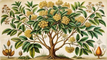 Obraz premium A botanical illustration depicting a flowering tree with intricate details of leaves, branches, and blossoms.