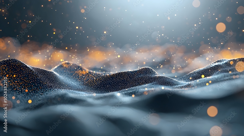 Poster mesmerizing wave of luminous glowing particles in an abstract futuristic digital composition dynamic