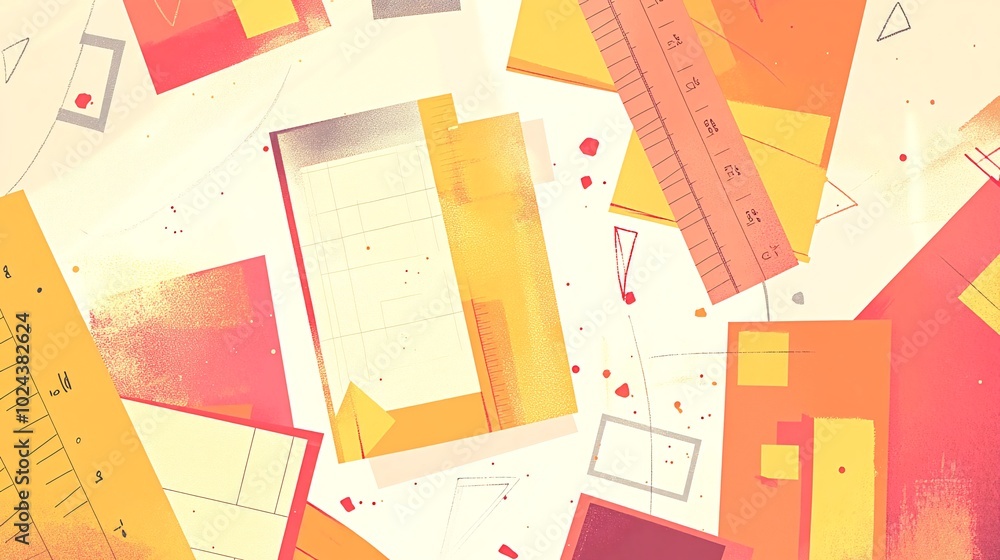 Poster Abstract background with geometric shapes, lines and red and yellow color splashes.