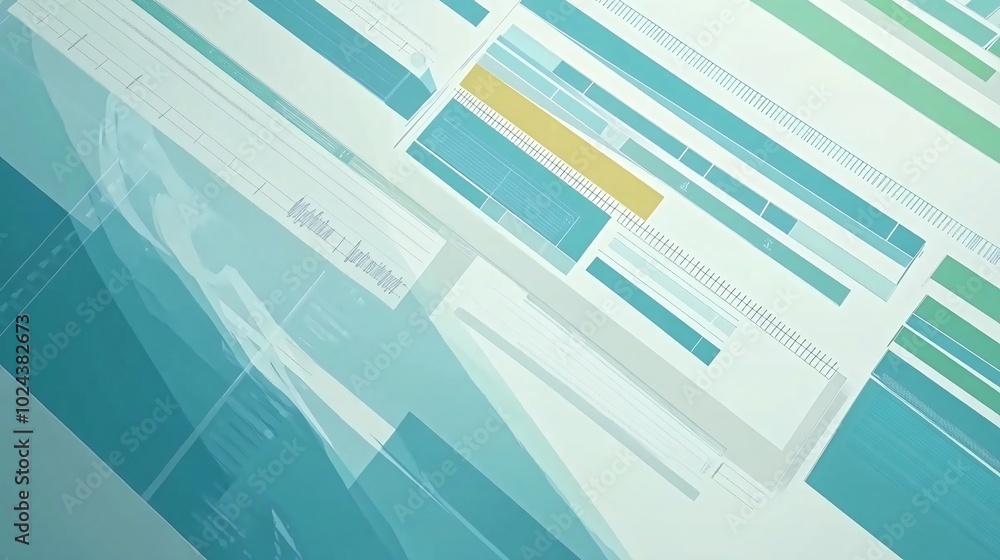 Poster abstract blue and green geometric shapes, overlapping and creating a pattern of lines and rectangles