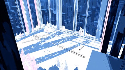 Abstract geometric cityscape with pink and blue hues, viewed from a high perspective.